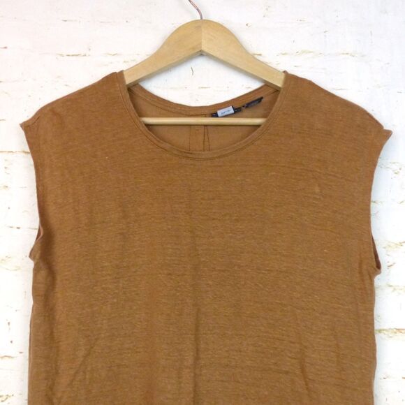 Tahari Top Women M Caramel Brown 100% Linen Tee Cap Sleeve Button Back Split Hem - Picture 3 of 9